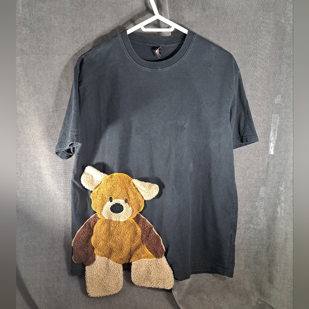 Tide Card Logo Short Sleeve Sweatshirt with 3D Plush Teddy Bear Applique G L